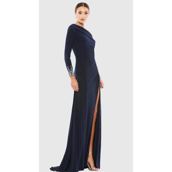 MAC DUGGAL Midnight Navy Beaded Cuff Drop Shoulder Faux Wrap Gown Size 6. NWOT - Picture 1 of 9